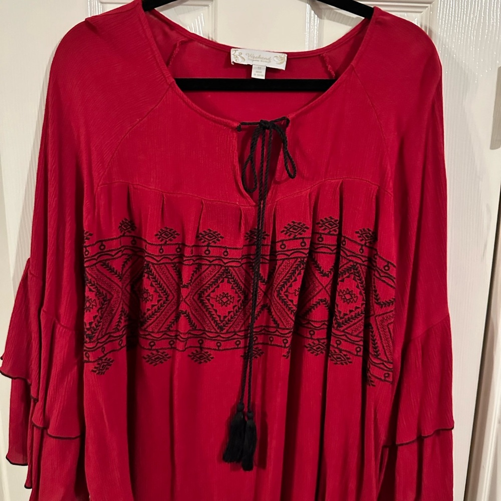 Suzanne Betro red with black embroidered accents